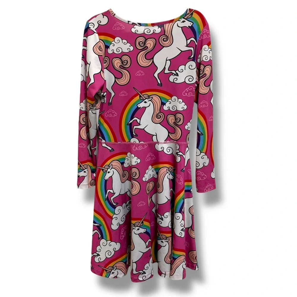 Jxstar Girls Pink Unicorn Rainbow‎ Long Sleeve Skater Dress Size 10-11Y 150